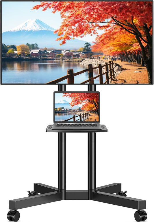 Rolling TV Stand with Laptop Shelf, Mobile TV Stand with Upgraded Wheels for 32-75 Inch Tvs, Height Adjustable Mobile TV Cart up to 88Lbs, Portable TV Mount Stand for Outdoor, Home, Office