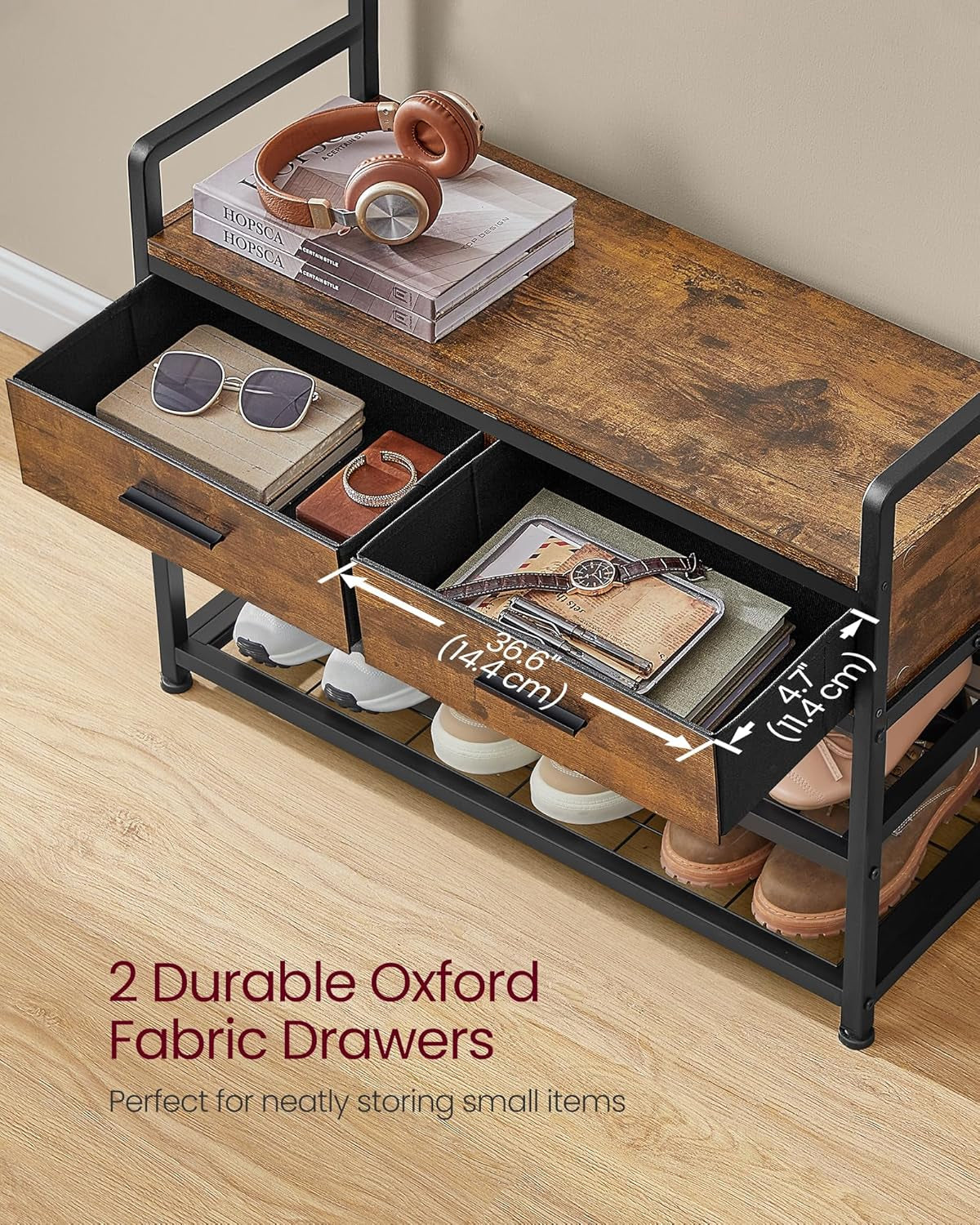 Hall Tree with Bench and Shoe Storage, Entryway Coat Rack with Shoe Bench, 2 Fabric Drawers, 10 Hooks, 11.8 X 31.7 X 71.5 Inches, Vintage Brown and Ink Black UHSR429B01