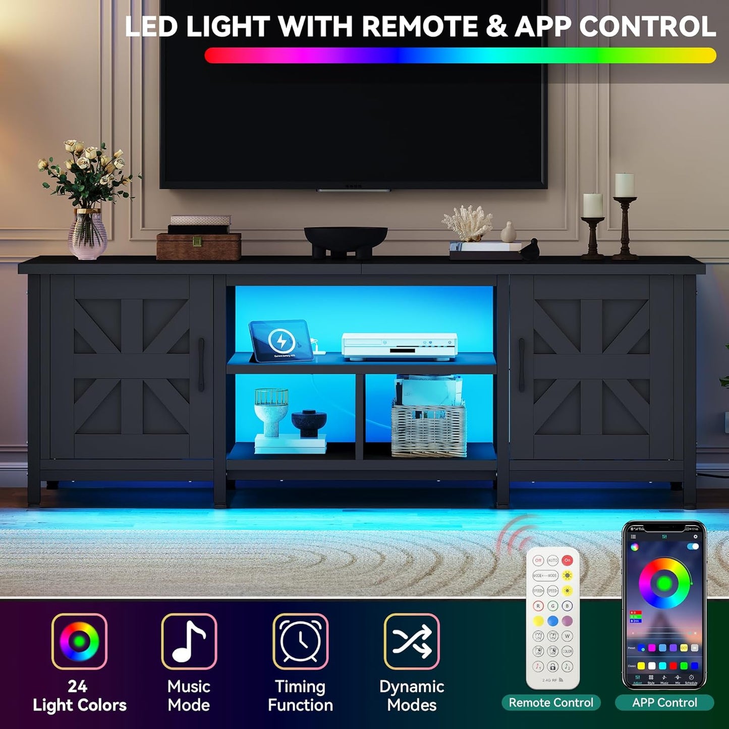 TV Stand with LED Lights & Charging Station, Farmhouse Entertainment Center with Storage Cabinets & Shelves, Cross-Pattern Doors, Fits Tvs up to 70'', TV Consoles for Living Room, Black