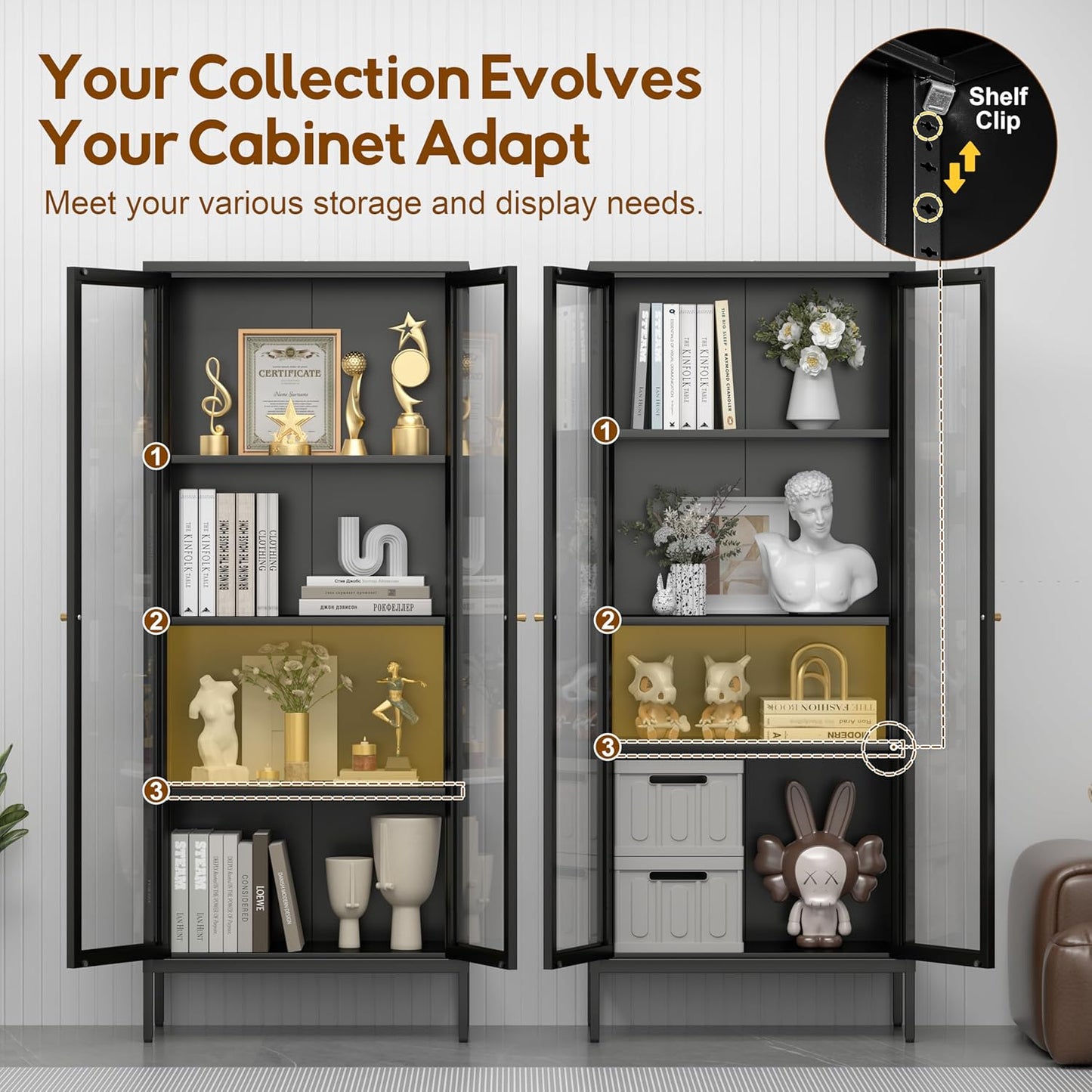 Glass Display Cabinet 4-Tier, Display Cabinet with Glass Doors, Curio Cabinet with Tempered Glasses Doors,Metal Storage Cabinets for Living Room, Plant, Assembly Required, Black