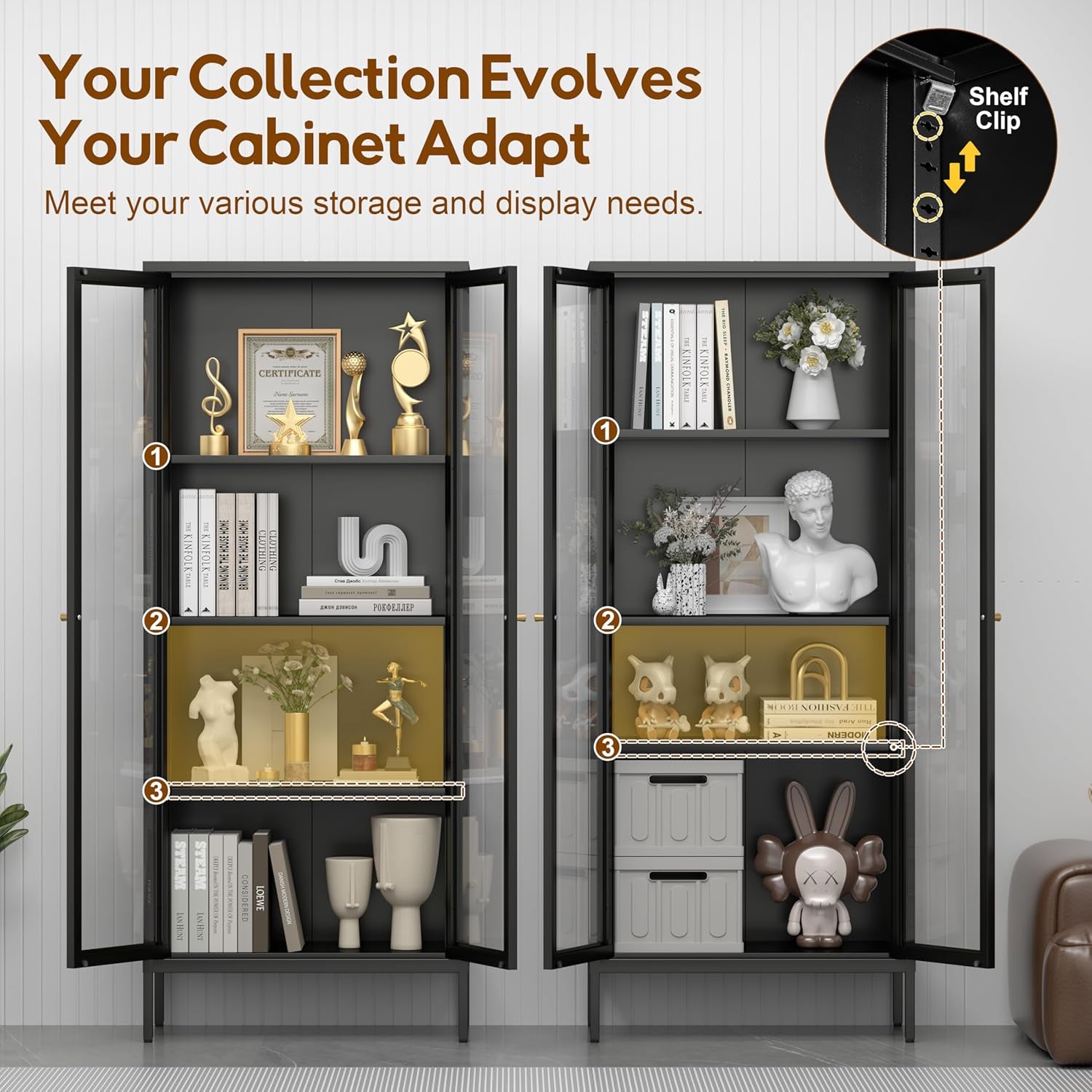 Glass Display Cabinet 4-Tier, Display Cabinet with Glass Doors, Curio Cabinet with Tempered Glasses Doors,Metal Storage Cabinets for Living Room, Plant, Assembly Required, Black