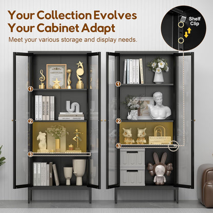 Glass Display Cabinet 4-Tier, Display Cabinet with Glass Doors, Curio Cabinet with Tempered Glasses Doors,Metal Storage Cabinets for Living Room, Plant, Assembly Required, Black