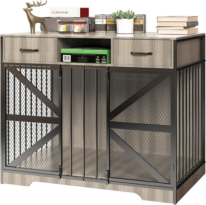 44" Large Dog Crate Furniture, Wooden Heavy Duty Dog Kennel TV Stand with 2 Drawers, Indoor Multi-Functional Decorative XL Furniture for Medium & Large Breeds, Black