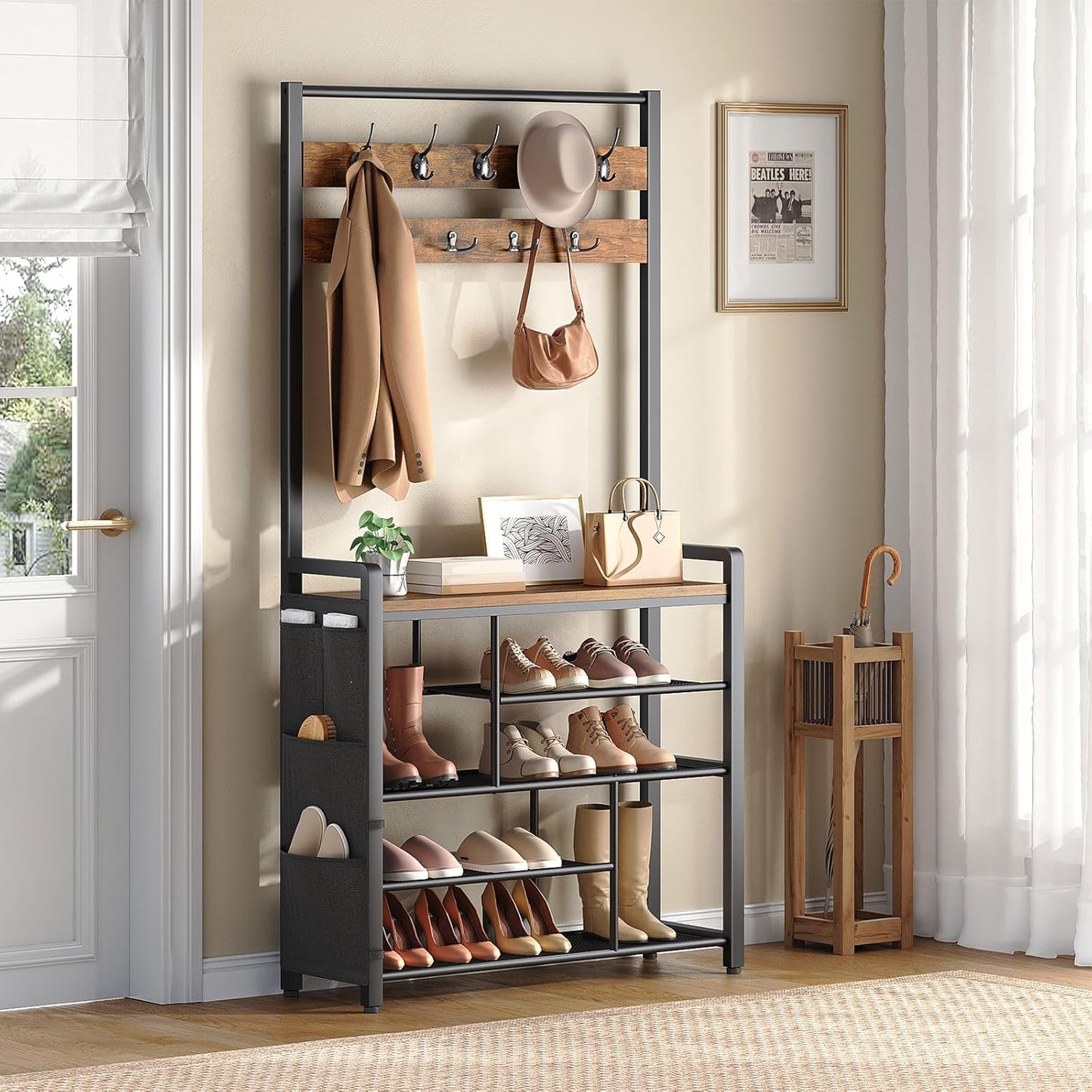Hall Tree with Bench, Shoe Rack with Coat Rack, Coat Rack with Shoe Storage, 5 Tier Shoe Storage Organizer with Oxford Fabric Side Pockets, Coat and Shoe Rack Entryway, Rustic Brown BF45MT01