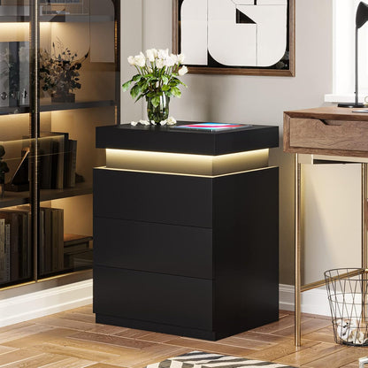 Nightstand with Charging Station and LED Lights,Night Stand with Sliding Top,Bedside Table with Drawers,Modern End Side Table for Bedroom,Black