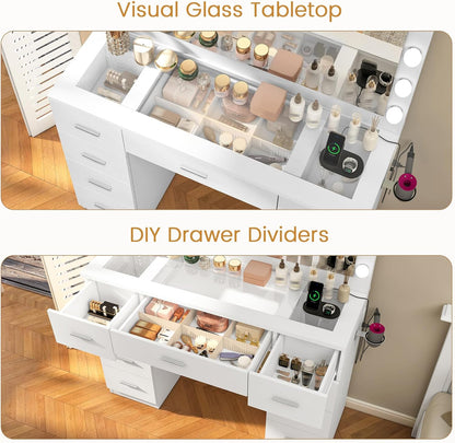 Vanity Desk with Glass Top & Large Lights Mirror, 3 Adjustable Lighting Color, 44" Makeup Vanity Desk with 9 Drawers and 12 LED Lights, Vanity Table, Dressing Table for Bedroom(White)
