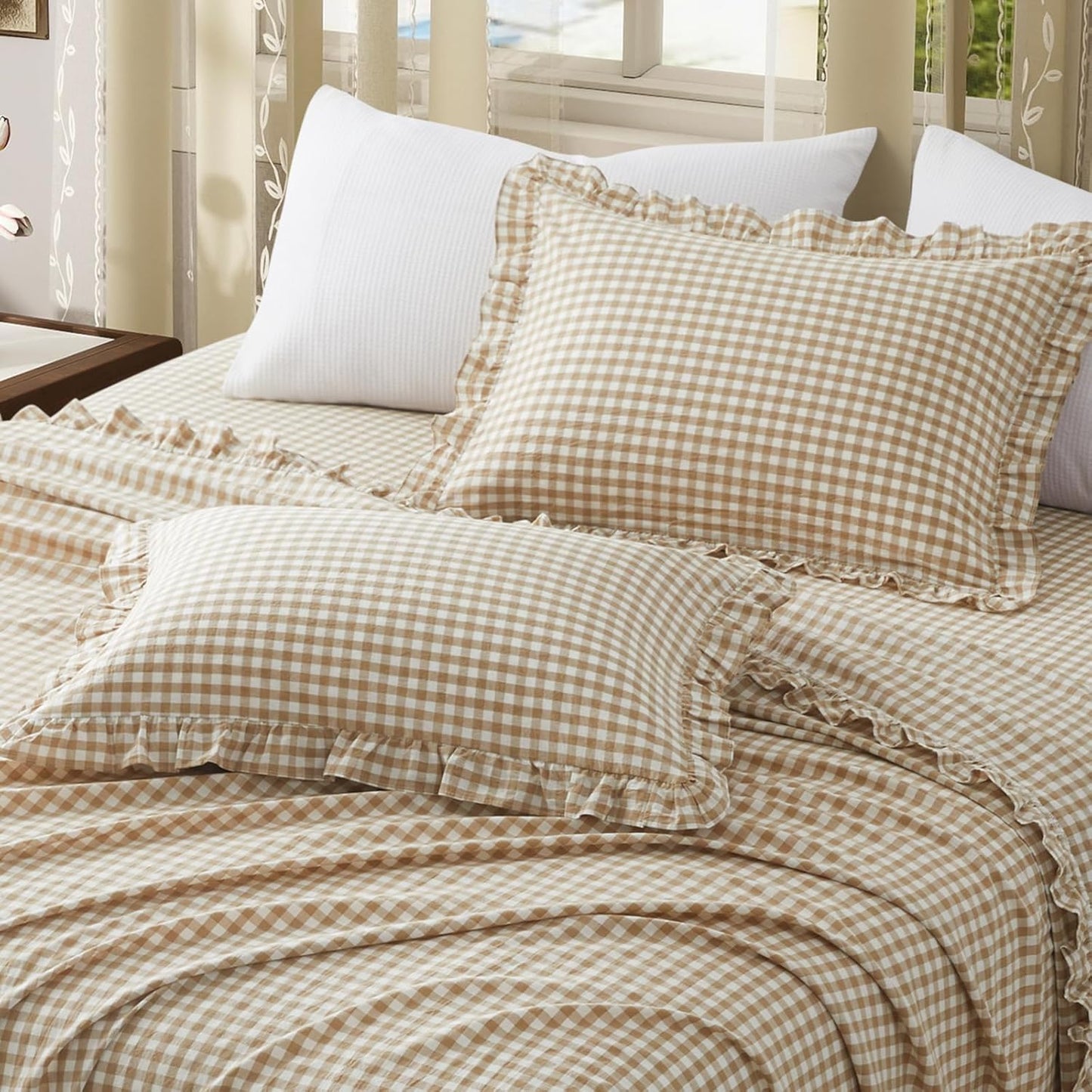 2 Pcs Plaid Ruffle Pillow Case King Size, Ruffled Gingham Cotton Pillowcases 20X36 Inch, Linen Feel Plaid Bed Pillow Shams with Envelope Closure for Sofa Bed (Taupe)