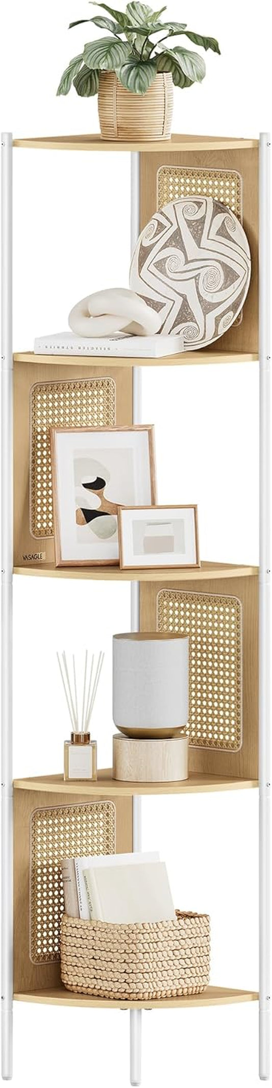 5-Tier Corner Shelf Stand, Boho Corner Bookshelf with Polyrattan Sides, Plant Stand for Living Room Bedroom Study Kitchen, Oak Beige ULLS588Y57