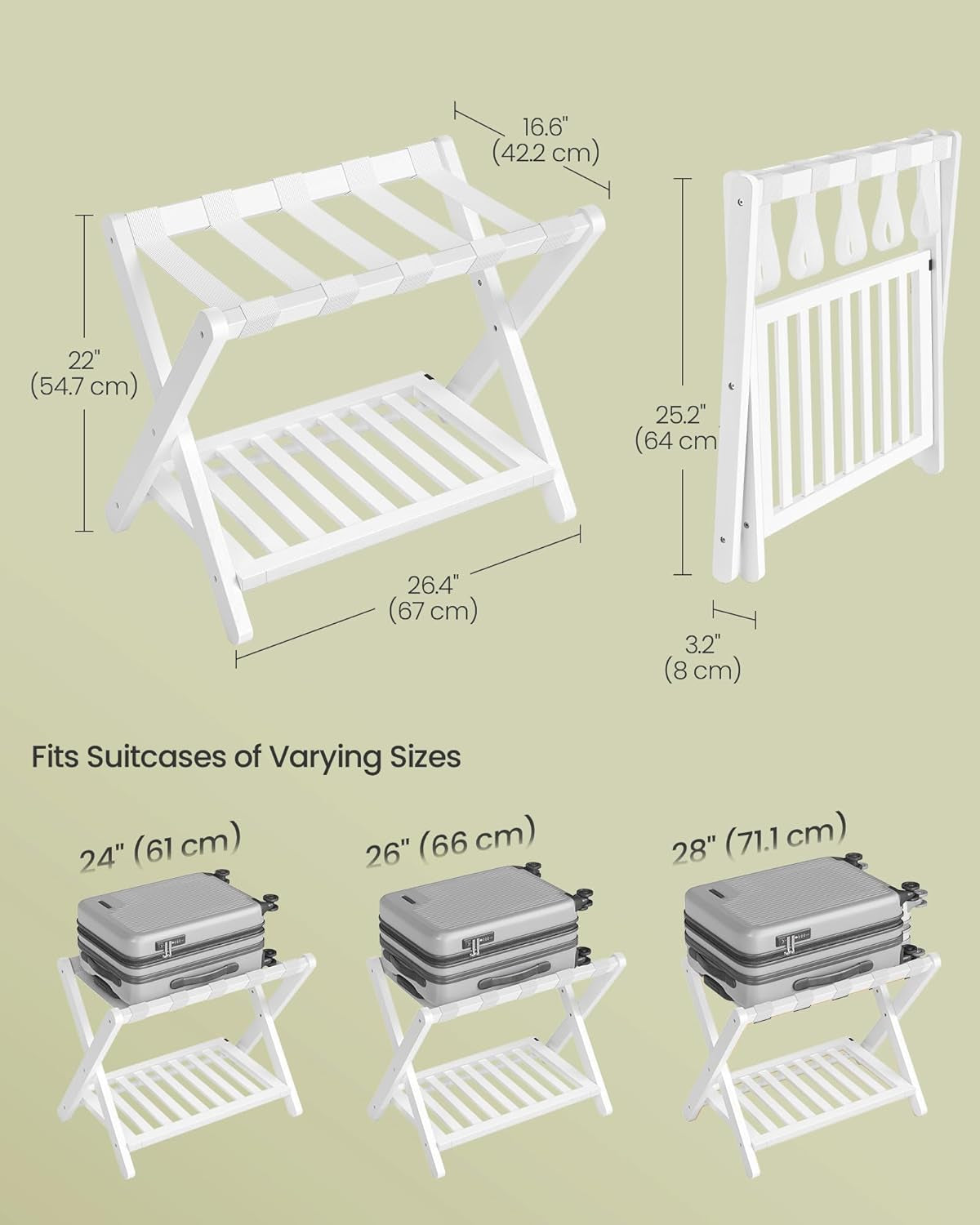 Solid Wood Luggage Rack, No Assembly Required, Foldable Suitcase Stand, Luggage Holder, with Storage Shelf, for Guest Room, Hotel, Bedroom, Cloud White URLR020W02