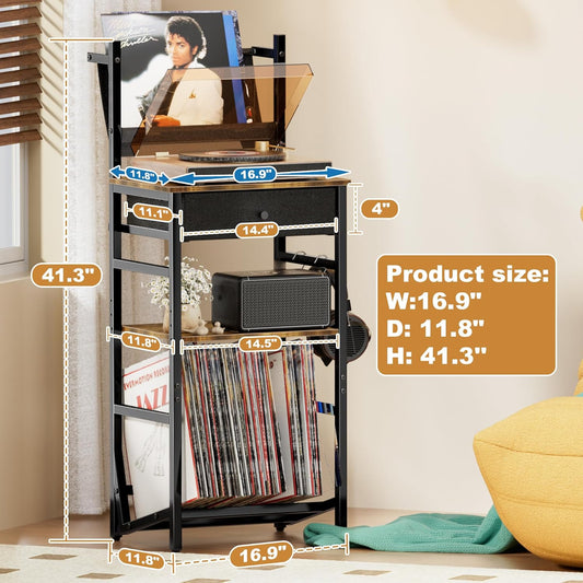 Record Player Storage Stand, Turntable Stand with Vinyl Record Storage for up to 200 Albums, 3-Tier Record Holder Display Shelf, End Table with Drawer for Living Room, Bedroom, Rustic Brown