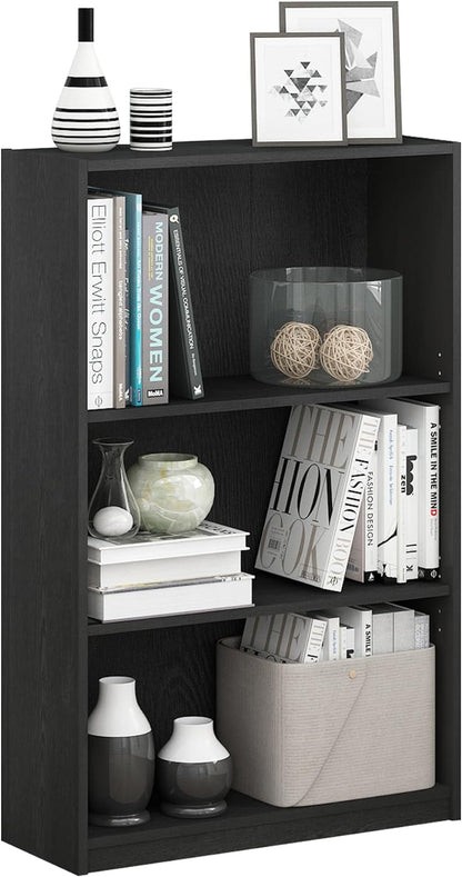 JAYA Book Shelf, 3-Tier Bookshelf, Bookcase with Adjustable Shelves, 9.5 X 24.5 X 40.3, for Living Room, Bedroom, Home Office, Blackwood