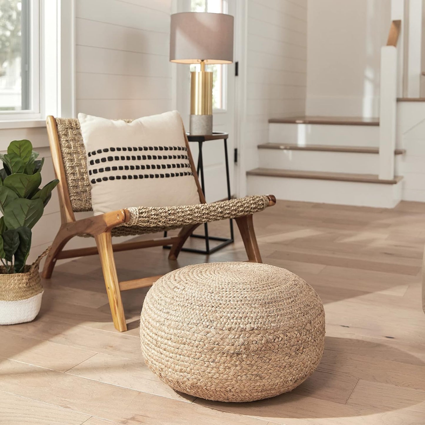 round Pouf Ottoman Footrest, Natural Jute Woven, Boho Pouf, Bohemian Style Casual Seating for Living Room, Bedroom, Patio Decor 19"X 19"X 10.5"