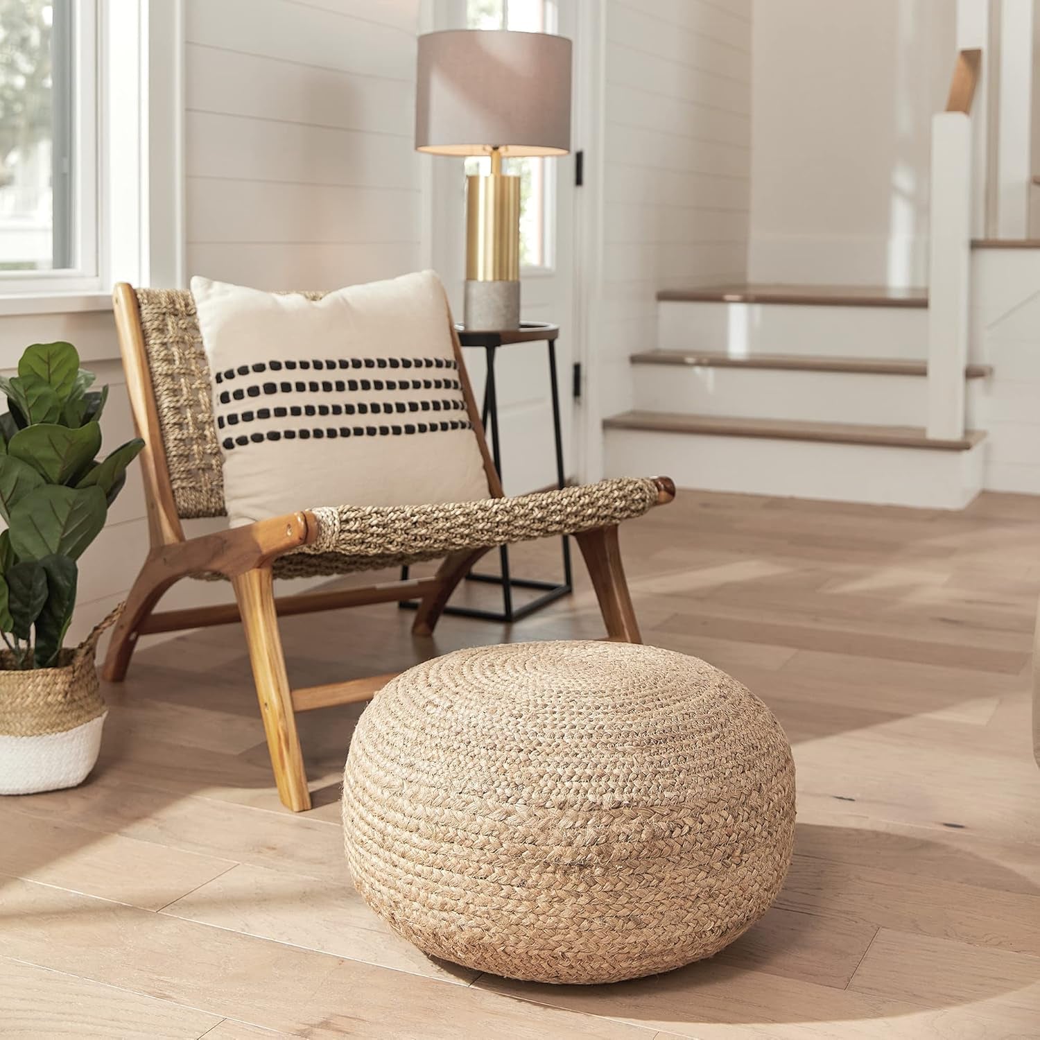 round Pouf Ottoman Footrest, Natural Jute Woven, Boho Pouf, Bohemian Style Casual Seating for Living Room, Bedroom, Patio Decor 19"X 19"X 10.5"