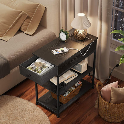 Narrow Side Table with 2 USB Ports and 2 Outlets, Flip Top Black End Table with Drawer and Storage Shelves, Small Nightstand with Charging Station for Living Room/Bedroom
