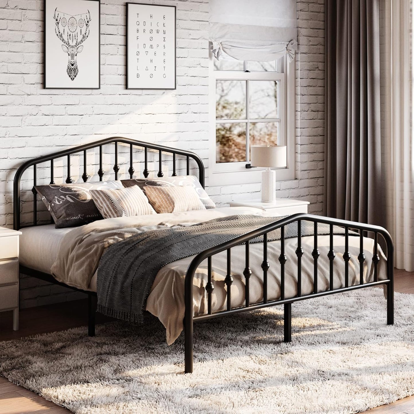 Queen Size Metal Platform Bed Frame with Victorian Style Wrought Iron-Art Headboard/Footboard, No Box Spring Required, Black