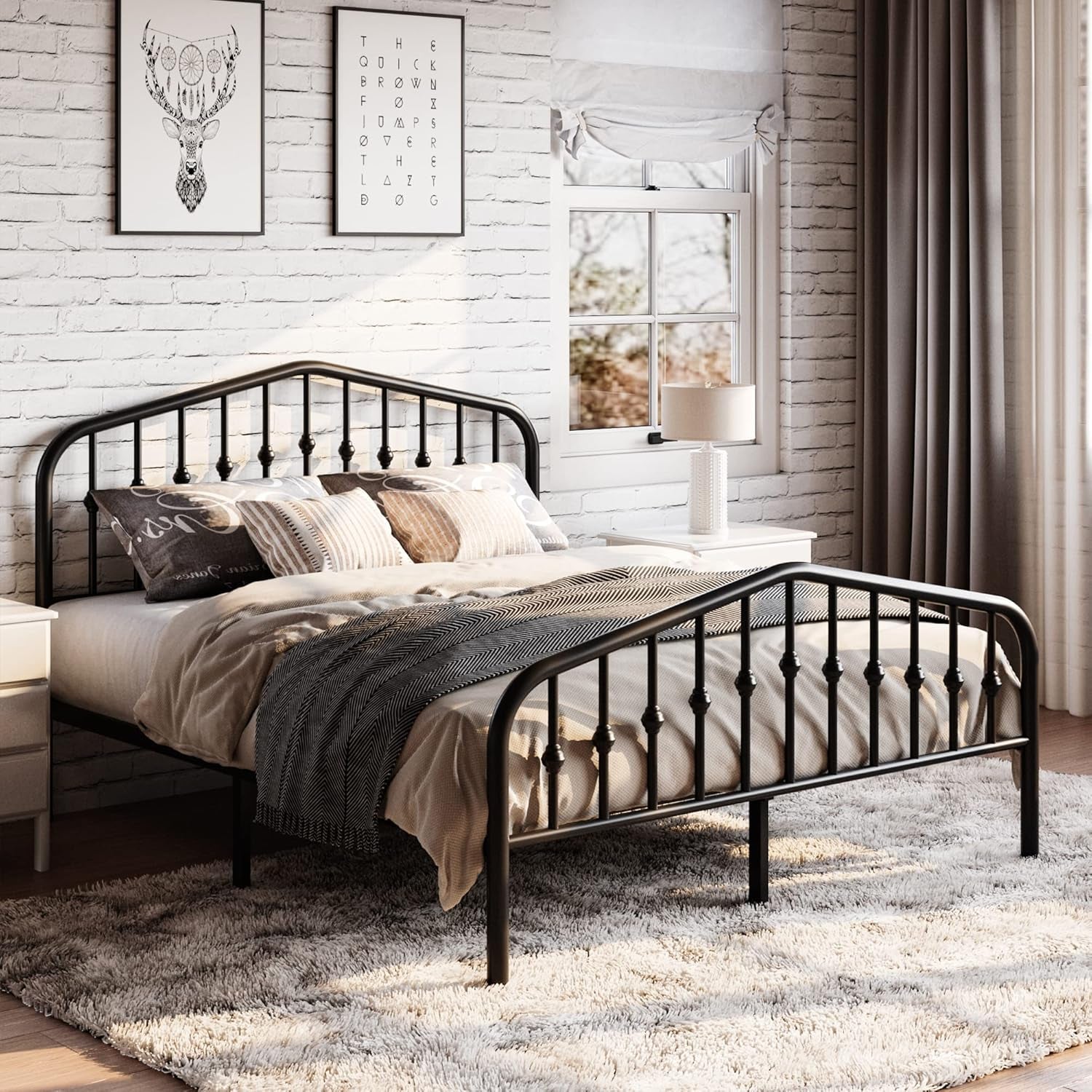 Queen Size Metal Platform Bed Frame with Victorian Style Wrought Iron-Art Headboard/Footboard, No Box Spring Required, Black