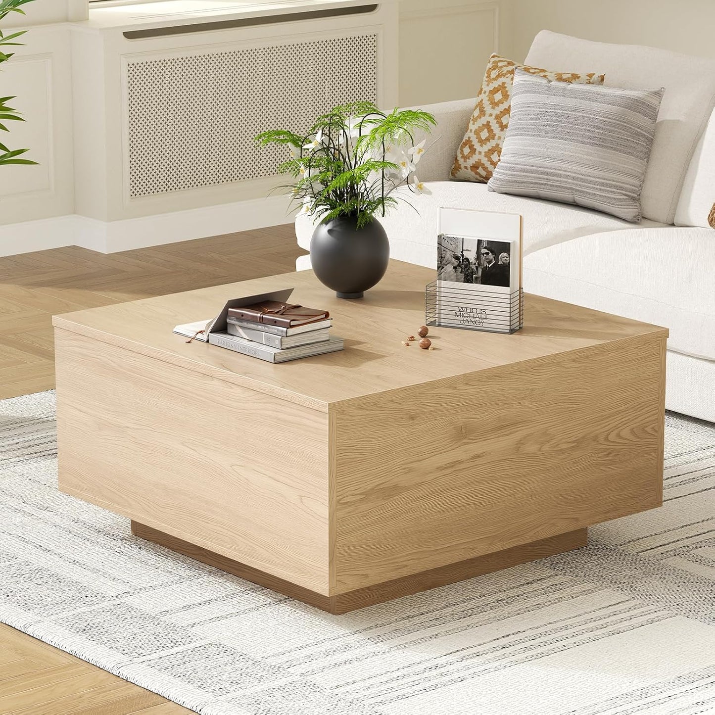 Lift Top Coffee Table, Wood Square Coffee Table with Storage, Farmhouse Coffee Tables with Hidden Storage Compartment, Center Table with Lifting Tabletop for Living Room, Home Office, Natural