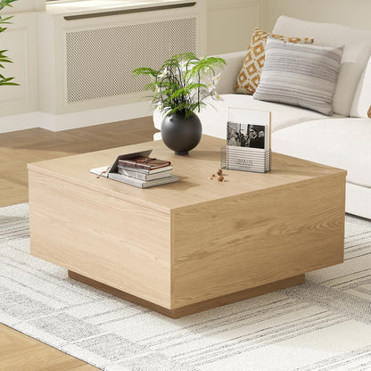 Lift Top Coffee Table, Wood Square Coffee Table with Storage, Farmhouse Coffee Tables with Hidden Storage Compartment, Center Table with Lifting Tabletop for Living Room, Home Office, Natural