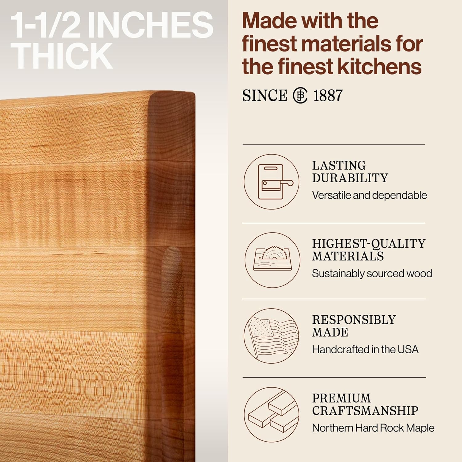 R-Board Series Rectangular Wooden Maple Cutting Board 18”X12” – 1.5” Thick, 10-Lb Reversible Butcher Block with Edge-Grain & Finger Grips – Made in the USA
