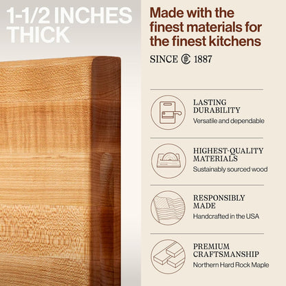 R-Board Series Rectangular Wooden Maple Cutting Board 18”X12” – 1.5” Thick, 10-Lb Reversible Butcher Block with Edge-Grain & Finger Grips – Made in the USA