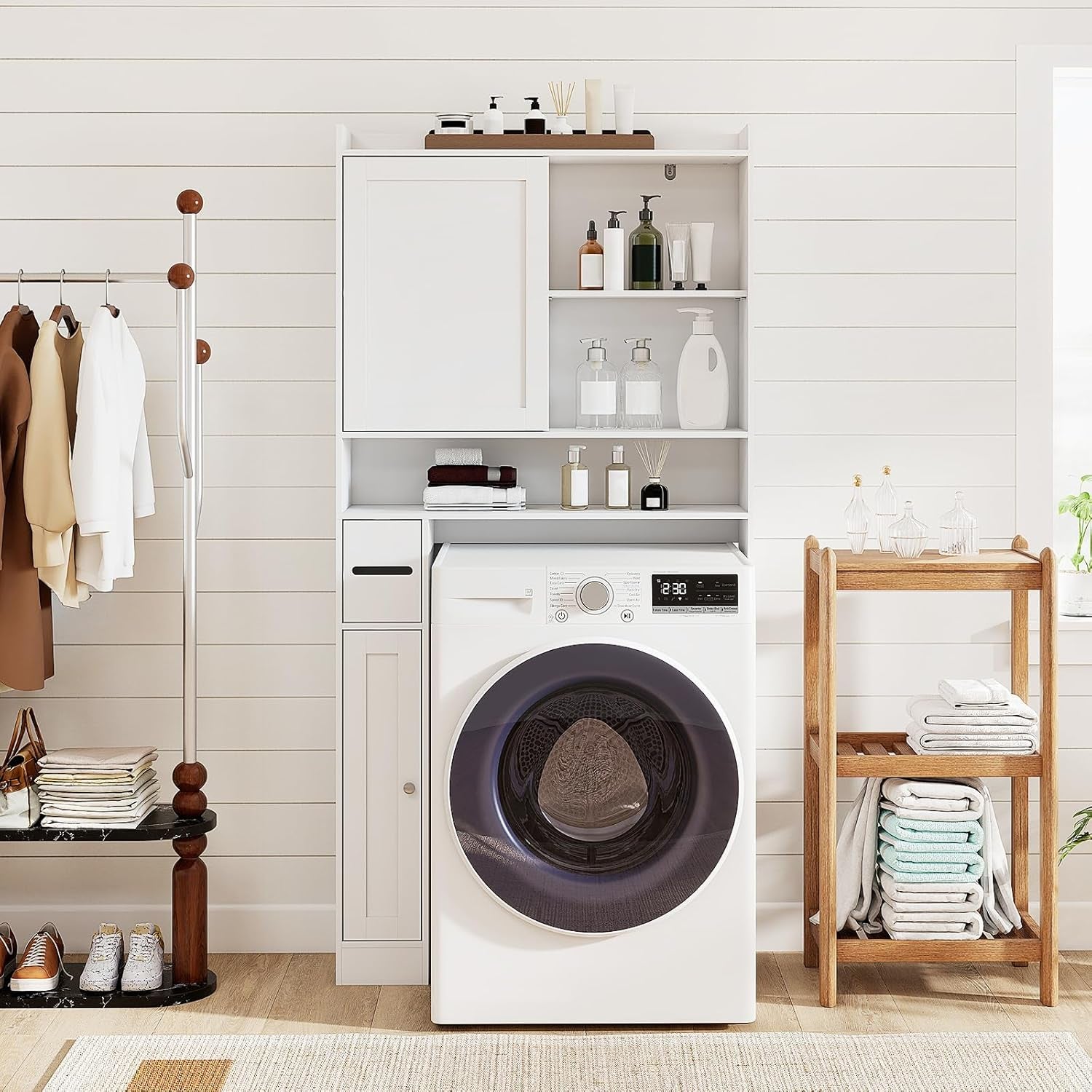 over the Toilet Cabinet, Freestanding Bathroom Space Saver with Sliding Door, Adjustable Shelves, Toilet Paper Holder, Modern Bathroom Cabinet above Toilet for Restroom, Laundry Room (White)