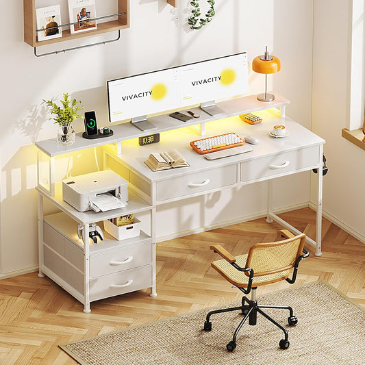 53" Computer Desk with 4 Drawers & Power Outlets, Reversible Home Office Desk with Monitor Stand & Printer Stand, Gaming Desk with Led Lights, Study Writing Work Desk Table for Bedroom (White)