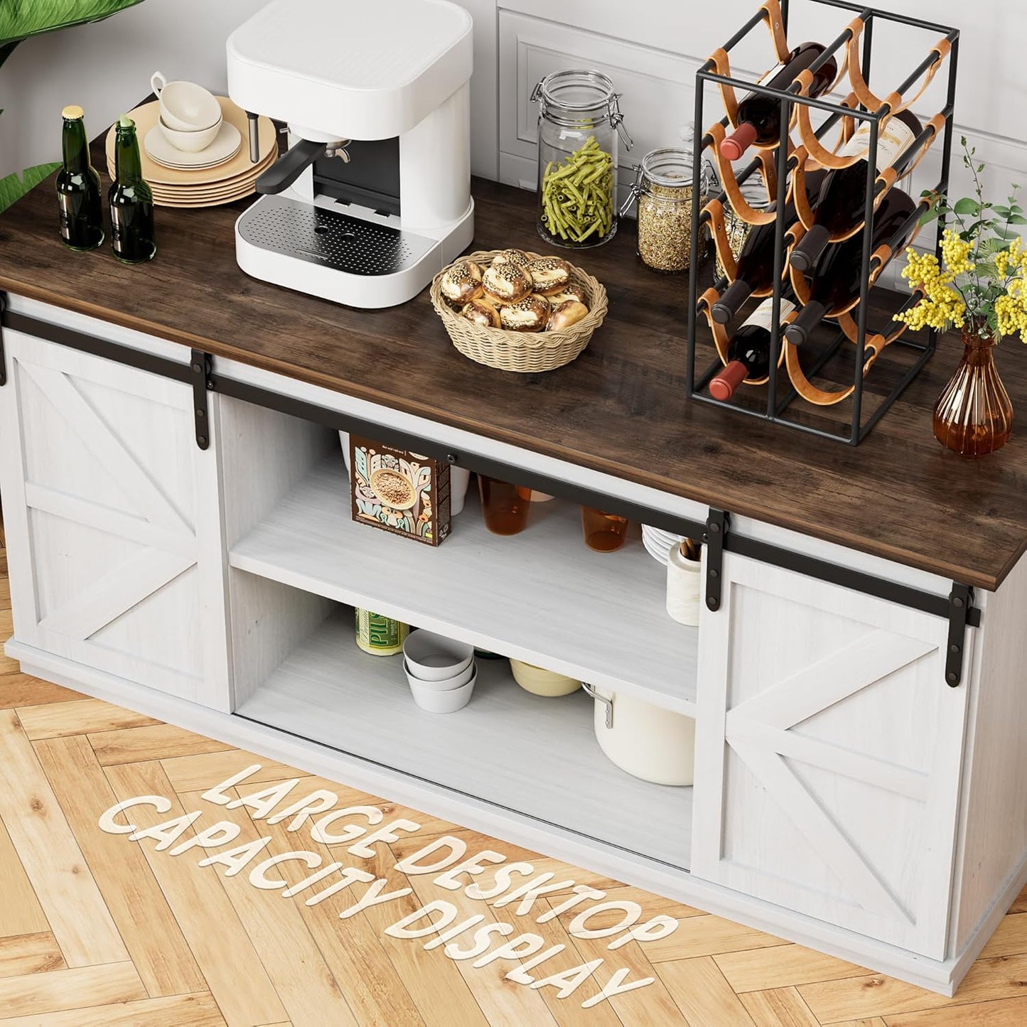 Farmhouse Sideboard Buffet Cabinet, Coffee Bar Storage with Sliding Barn Doors, Shelf for Home Dining Room, White