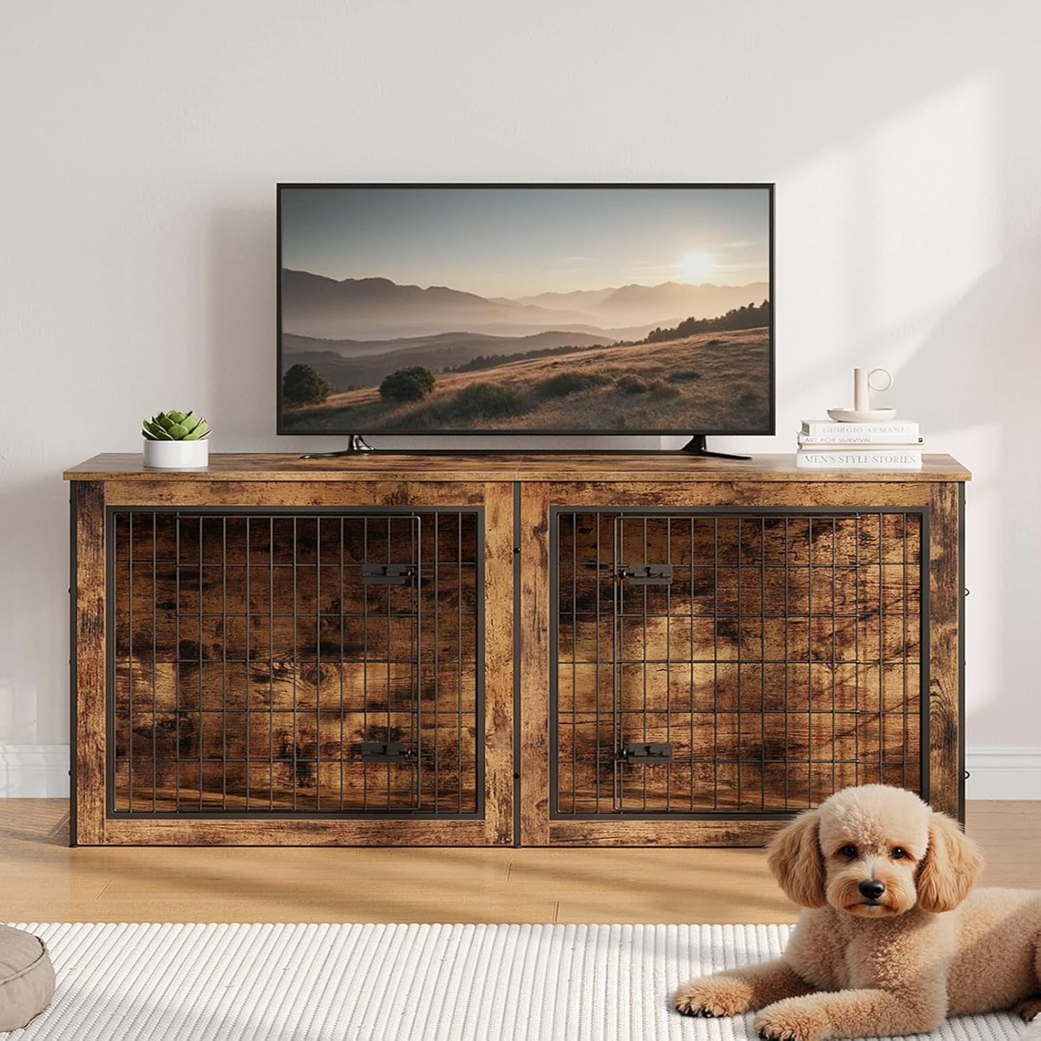 Dog Crate Furniture for 2 Dogs, 63" Large Double Dog Crate Furniture with Divider, Wooden Indoor Kennel TV Stand for Medium Large Dogs, Rustic Brown BF55GW03