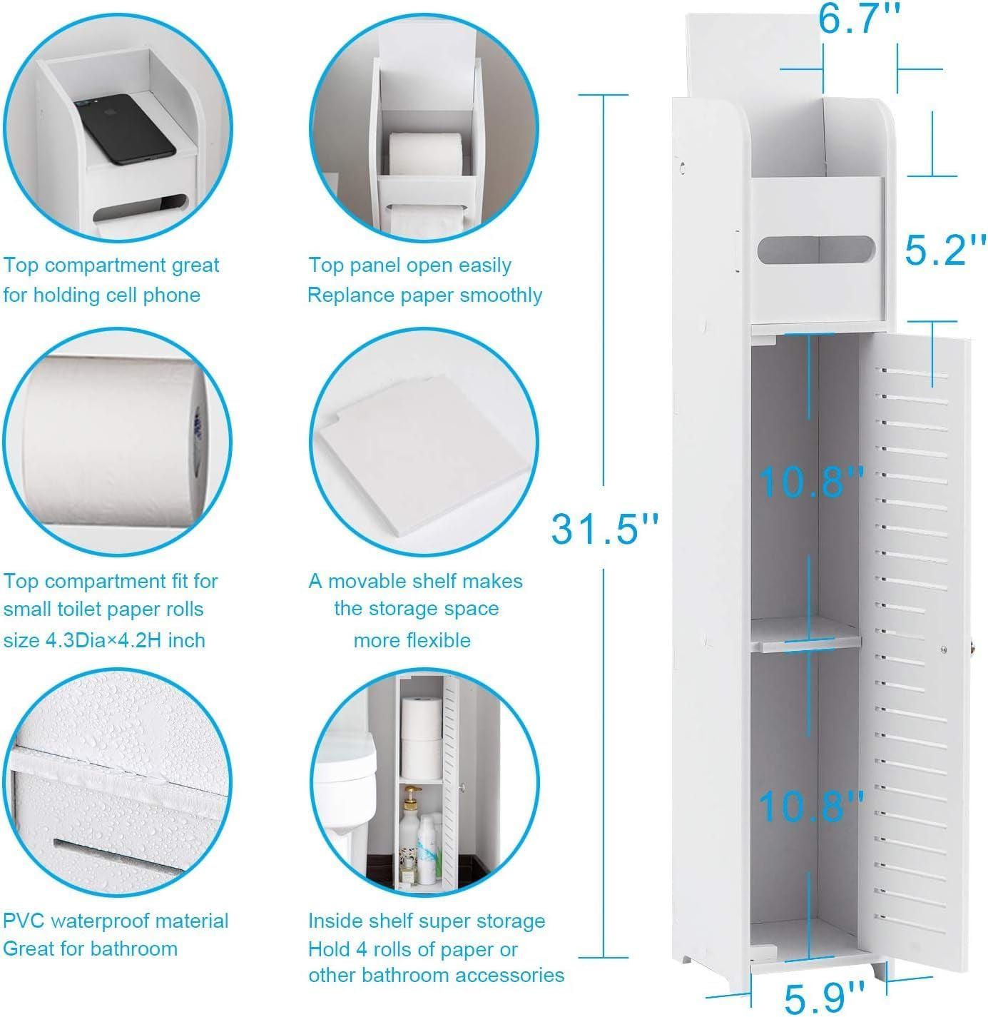 Toilet Paper Holder Stand, Small Bathroom Storage Cabinet, White, Space-Saving Design