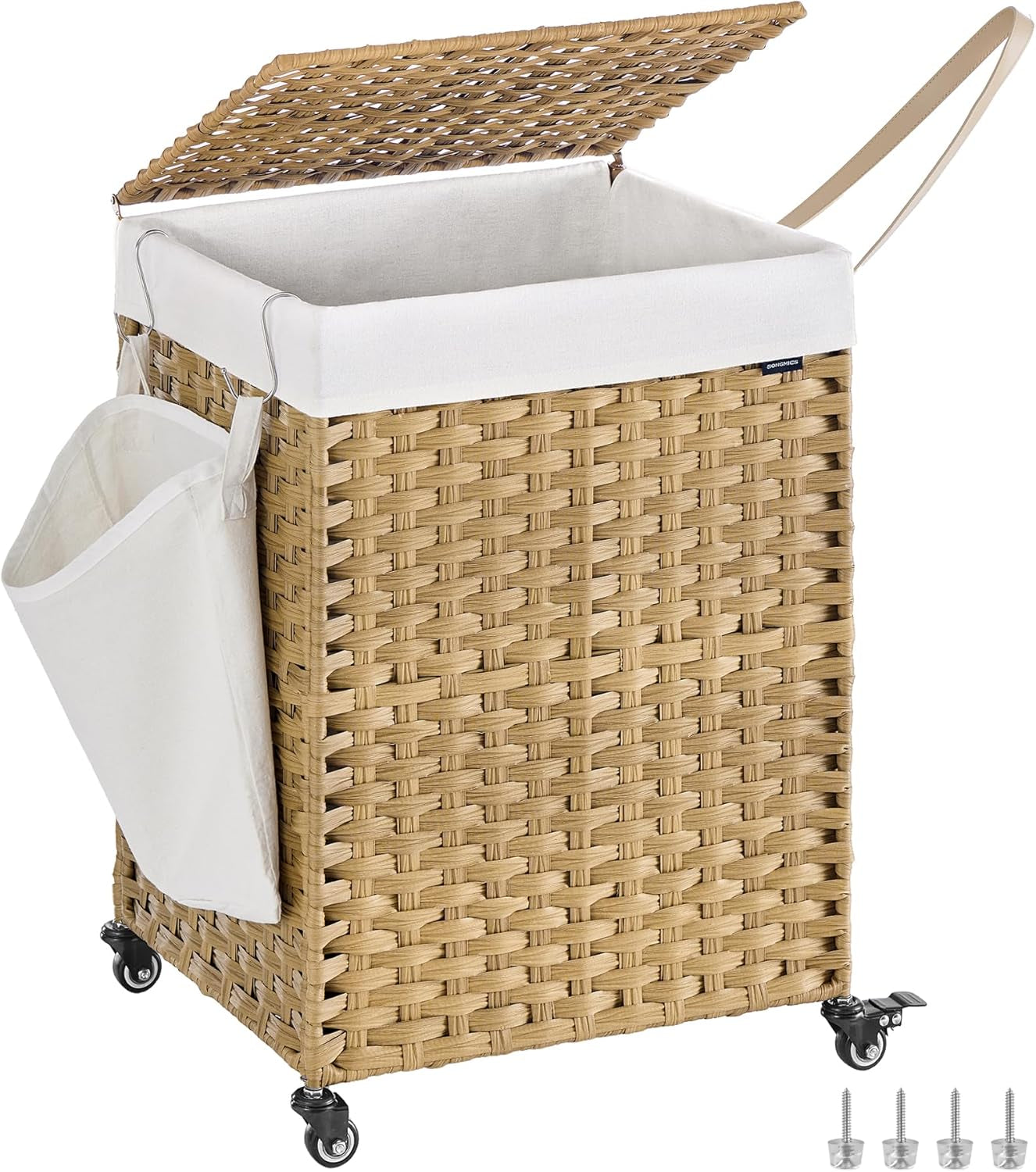 Laundry Hamper with Lid, 42.3 Gallons (160 L), Rolling Laundry Basket with Wheels, 3-Section Synthetic Rattan, Removable Liner, Bedroom, 27.6 X 14.2 X 26 Inches, Natural ULCB365N01