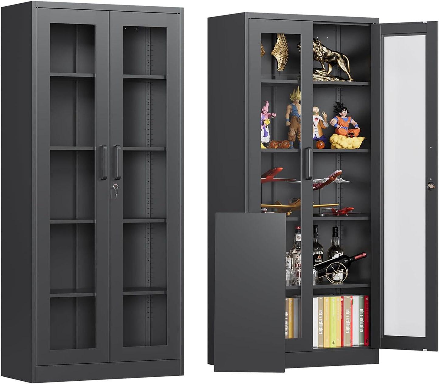 Glass Display Cabinet with Lock, 67”H Metal Curio Cabinets with Glass Door, Locking Liquor Caninet Display Case for Home, Collectibles, Clinic, Living Room - Assembly Required