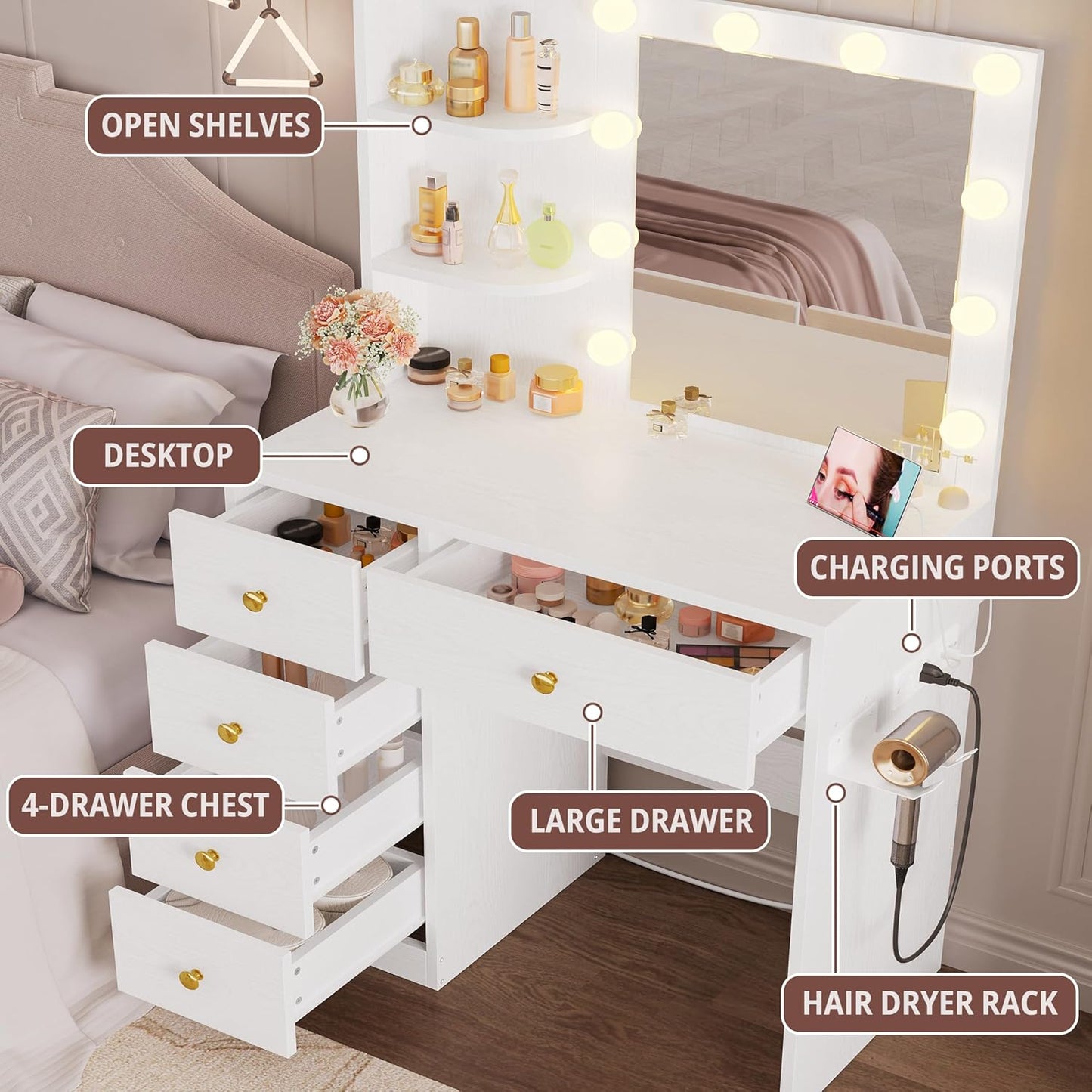 Vanity Desk with Mirror and Lights, Small Makeup Vanity Table with 5 Drawers, Power Outlet, and Vanity Stool, 3 Lighting Colors, Dressing Table for Women Girls Bedroom, White