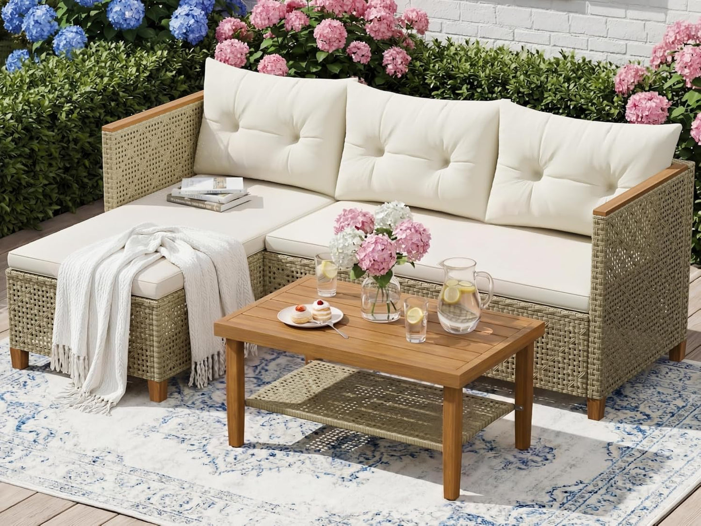 Wicker Patio Furniture Set, 3 Pieces Outdoor Sofa with Tufted Pillow,Pe Rattan Small Sectional Couch Set for Backyard, Deck,Porch & Poolside(Brown)