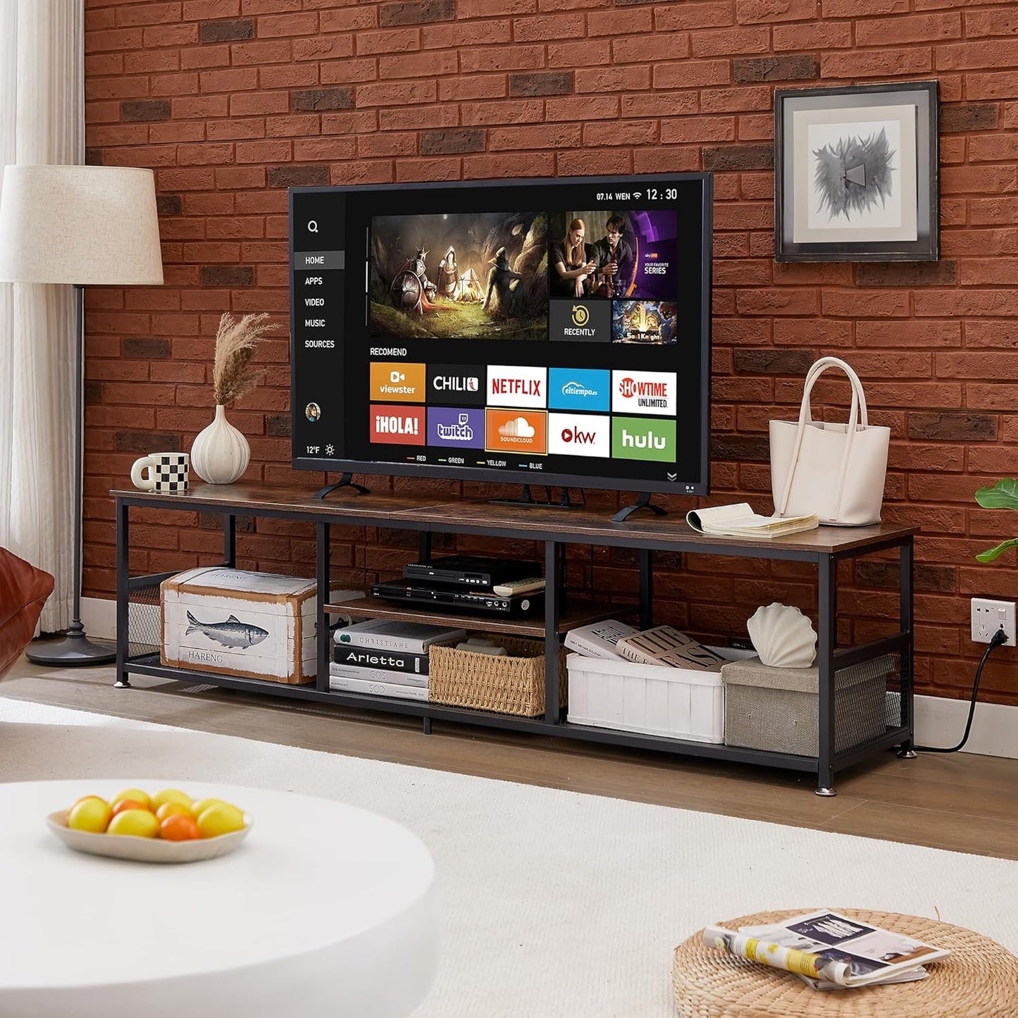 TV Stand with Power Outlets for Televisions up to 80 Inch,70" Media Entertainment Center with Charging Station 3-Tier Open Storage Shelves with Metal Frame for Living Room/Bedroom，Brown