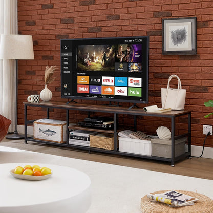TV Stand with Power Outlets for Televisions up to 80 Inch,70" Media Entertainment Center with Charging Station 3-Tier Open Storage Shelves with Metal Frame for Living Room/Bedroom，Brown