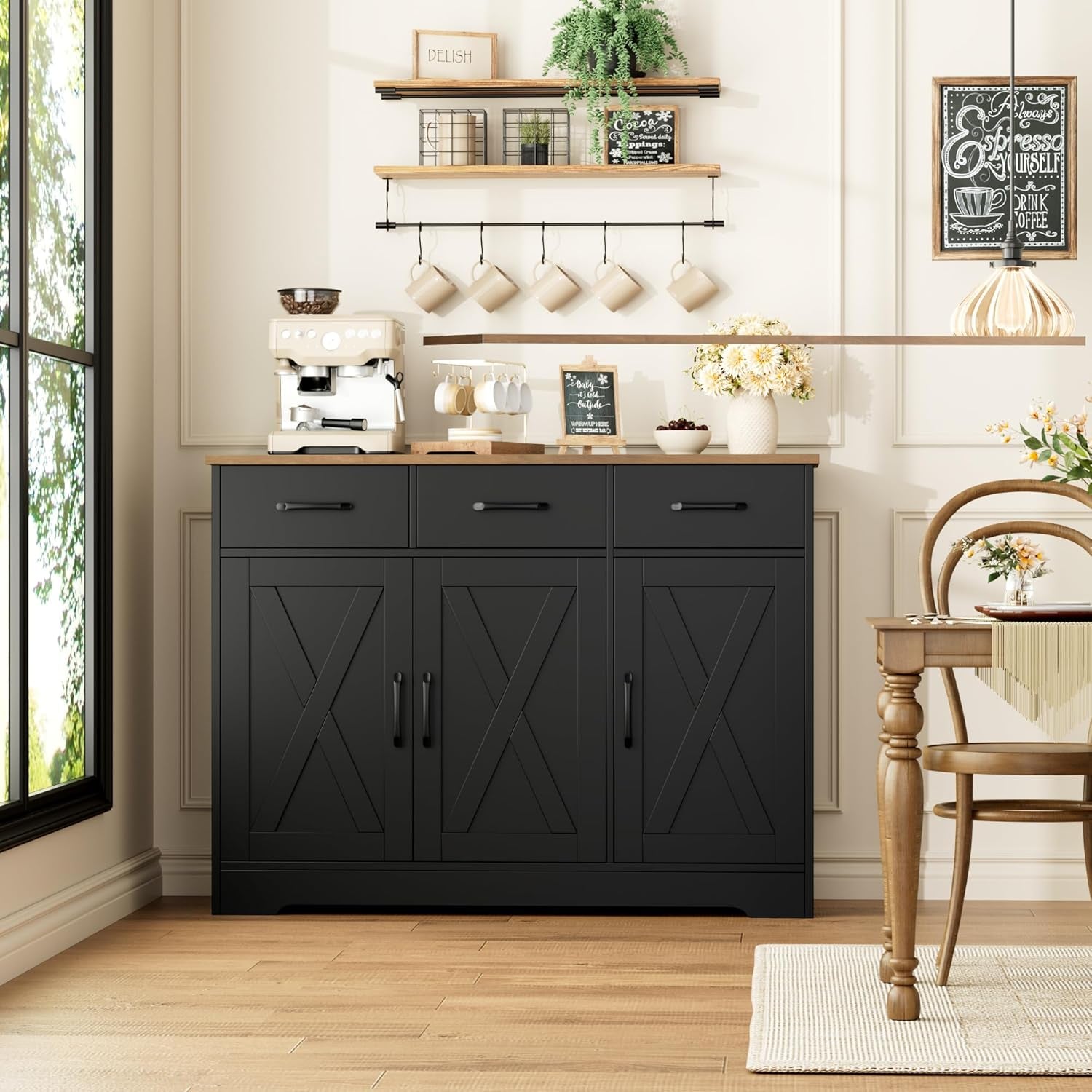Modern Farmhouse Buffet Sideboard Cabinet, Barn Doors Storage Cabinet with Drawers and Shelves, Wood Coffee Bar with Storage for Dining Room, Kitchen, Living Room, Black/Rustic Brown