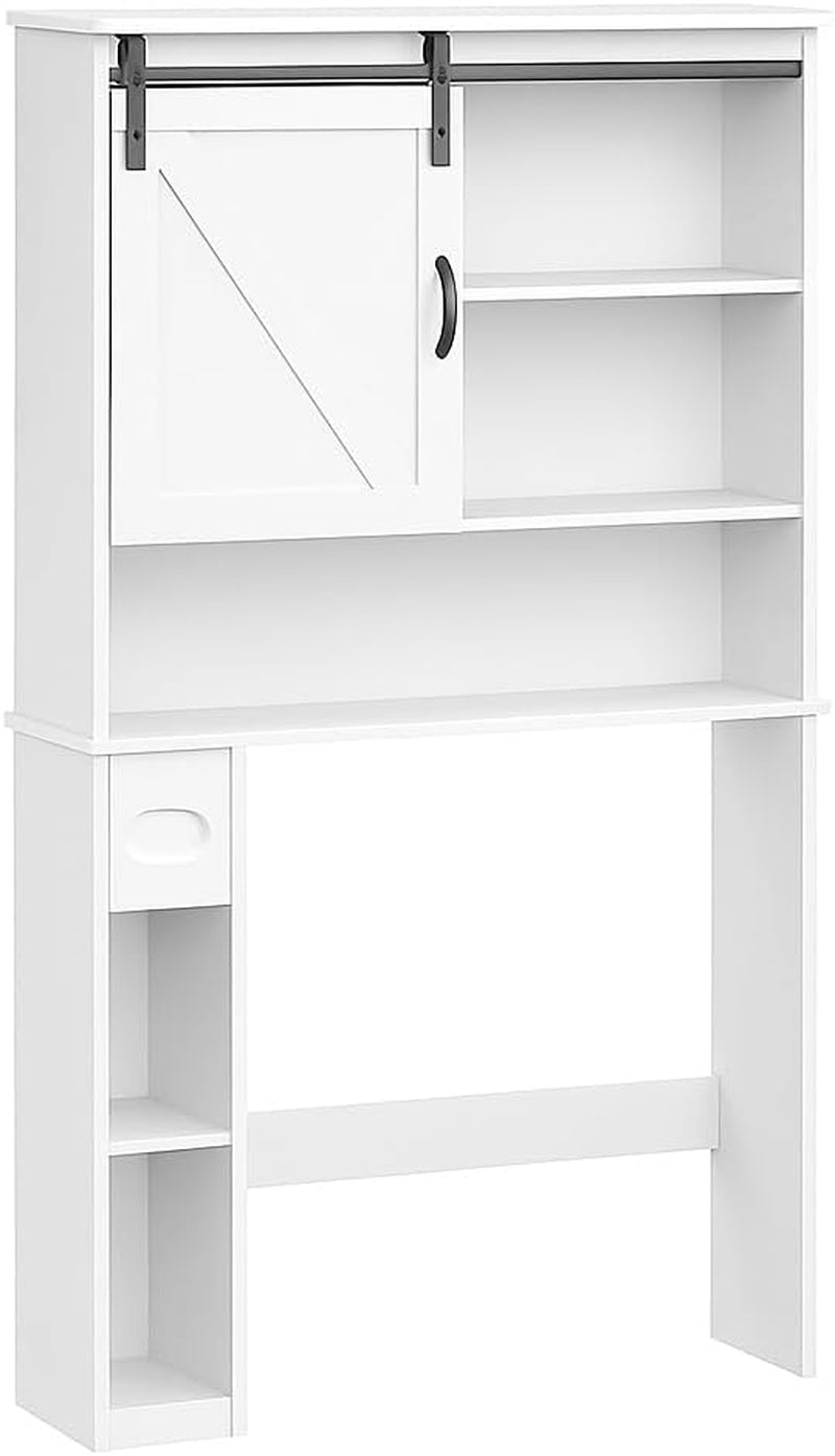 Over the Toilet Storage Cabinet with Barn Doors and Toilet Paper Stand, Tall Freestanding Bathroom Cabinet with Open Shelves, Space Saver Storage over Toilet Organizer for Restroom, White