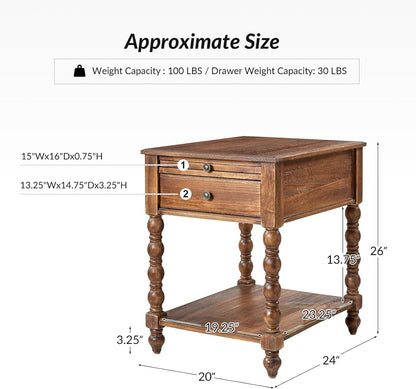 Spindle Nightstands with Charging Station, Solid Wood Nightstand with Drawer Shelf, Side Table with Pull-Out Shelf (Walnut)