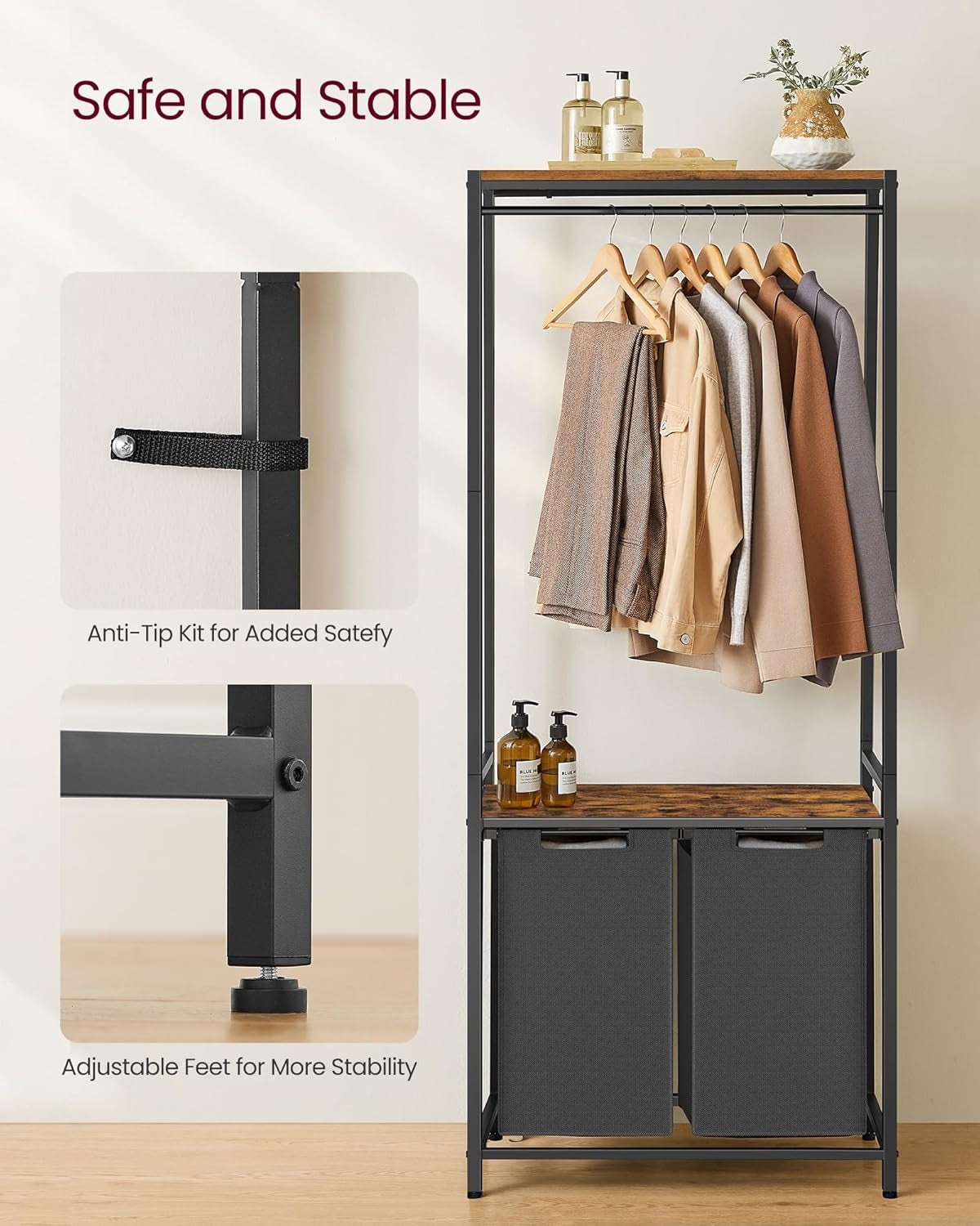 Laundry Basket, 2-Section Laundry Hamper with 2 Shelves, Pull-Out and Removable Liners, Clothes Rail, 2 X 12.1 Gallons, 28.7 X 13 X 69.7 Inches, Rustic Brown and Black UBLH231B02