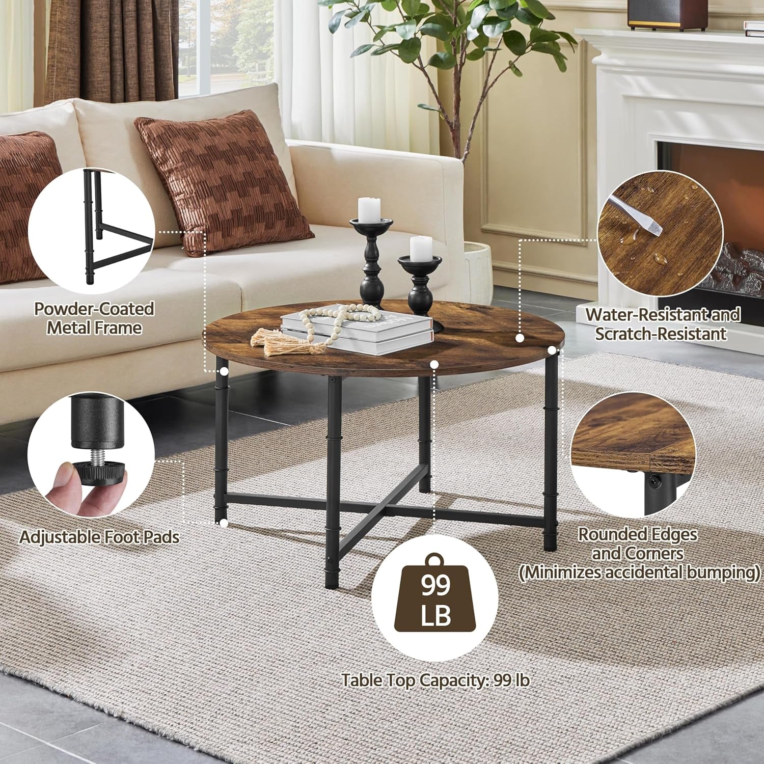 round Coffee Table, Small Coffee Table with Sturdy Metal Legs for Living Room, Rustic Wood Circle Tables Easy to Assemble, 31.5 X 17.7 Inches