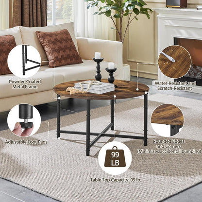 round Coffee Table, Small Coffee Table with Sturdy Metal Legs for Living Room, Rustic Wood Circle Tables Easy to Assemble, 31.5 X 17.7 Inches