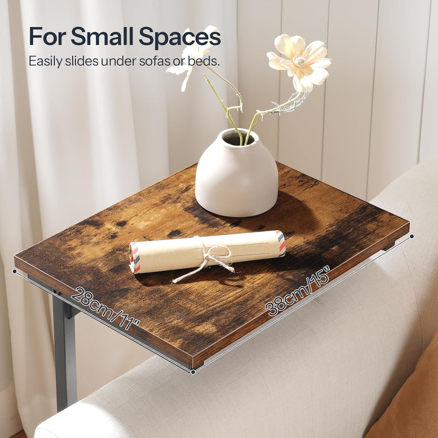 C Shaped End Table, Adjustable Height Side Table for Sofa, Couch Table for Small Space, Slide under Small Tray Side Table for Living Room, Bedroom, Rustic Brown and Black BF71SF01