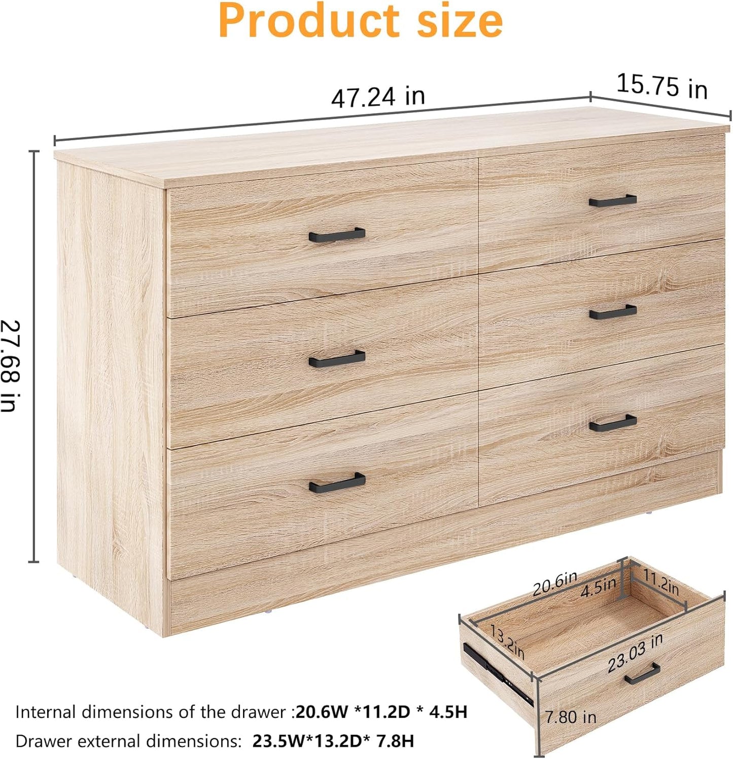 Dresser for Bedroom, 6 Drawer Double Dresser, Modern Chest of Drawers with Deep Drawers, TV Stand Large Storage Organizer for Living Room, Closet (Light Oak)