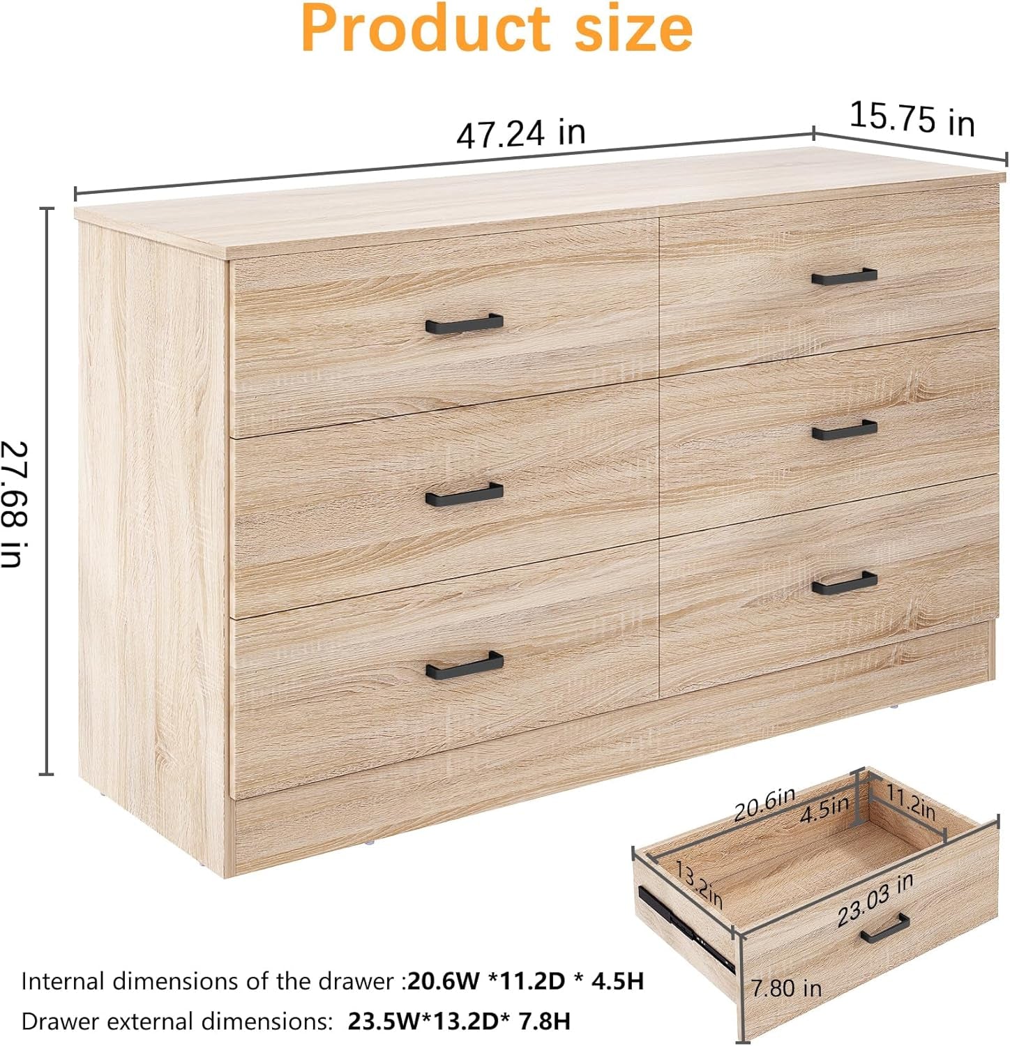 Dresser for Bedroom, 6 Drawer Double Dresser, Modern Chest of Drawers with Deep Drawers, TV Stand Large Storage Organizer for Living Room, Closet (Light Oak)