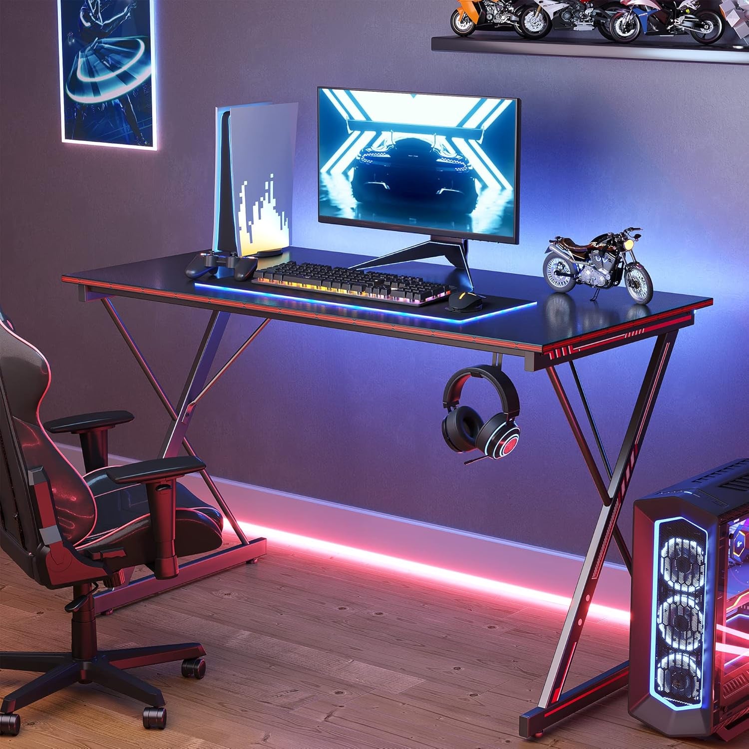 Gaming Desk 40 Inch PC Computer Desk, Carbon Fiber Home Office Desk Table Gamer Workstation, Simple Game Table with Headphone Hook, Dark Black