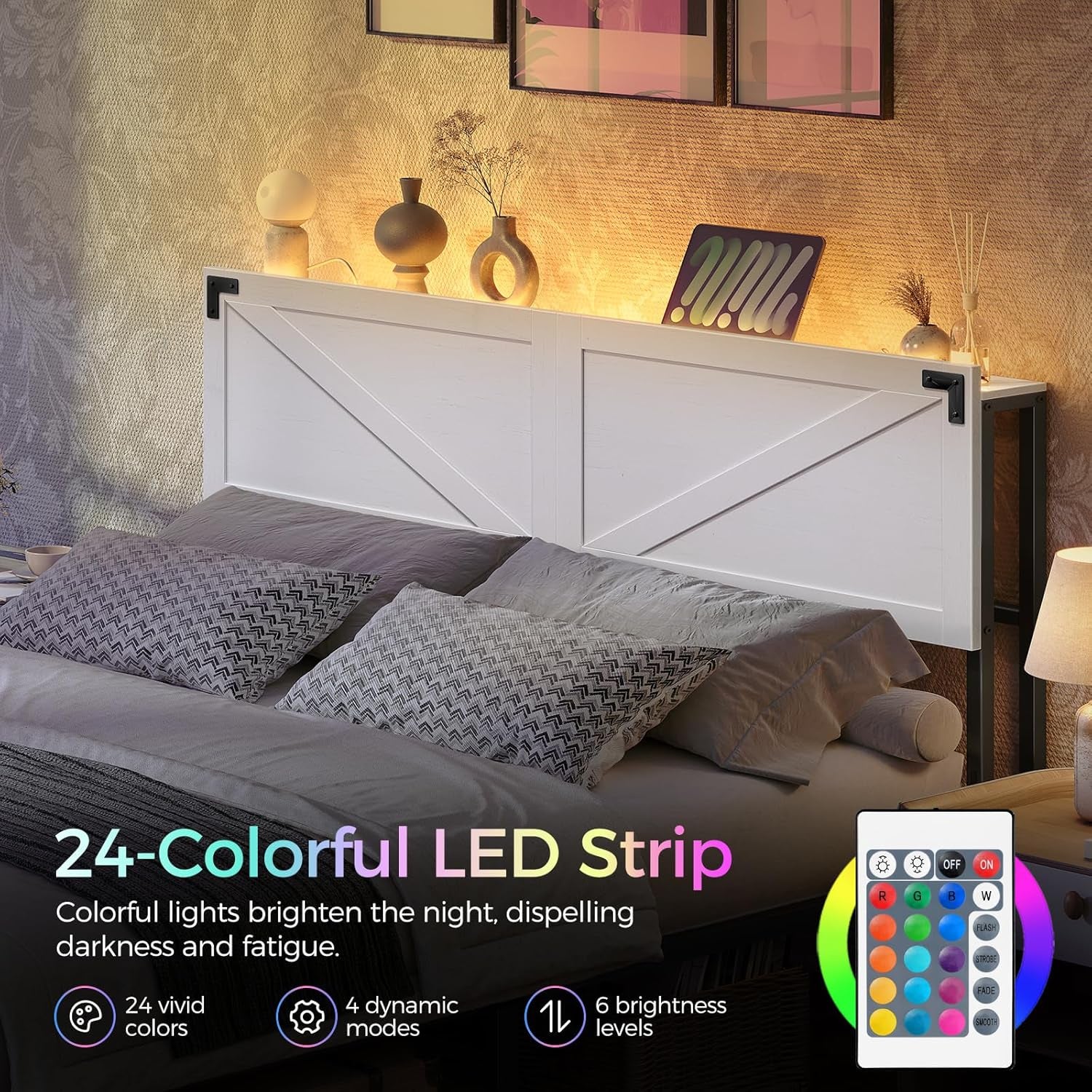 Queen Size Headboard Only, Headboard with 2 Outlets and 2 USB Ports, Farmhouse Headboard, with LED Lights, Secure Storage with Raised Fence, with Bed Frame Adapter, White and Black