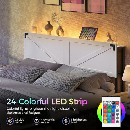 Queen Size Headboard Only, Headboard with 2 Outlets and 2 USB Ports, Farmhouse Headboard, with LED Lights, Secure Storage with Raised Fence, with Bed Frame Adapter, White and Black