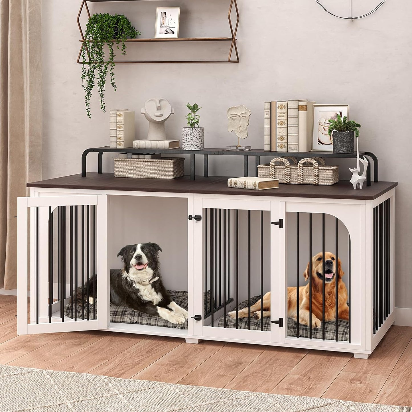 Large Dog Kennel Furniture for 2 Dogs,74.8'' XXL Wooden Double Dog Crates Cage Furniture Style with Divider for Large Breed with Storage Rack Shelf TV Stand Table Indoor,White