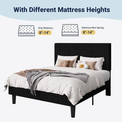 Queen Size Upholstered Bed Frame with Vertical Channel Tufted Headboard, Soft Corduroy Fabric Platform Bed, Strong Wooden Slats Support, Easy Assembly, No Box Spring Needed, Black