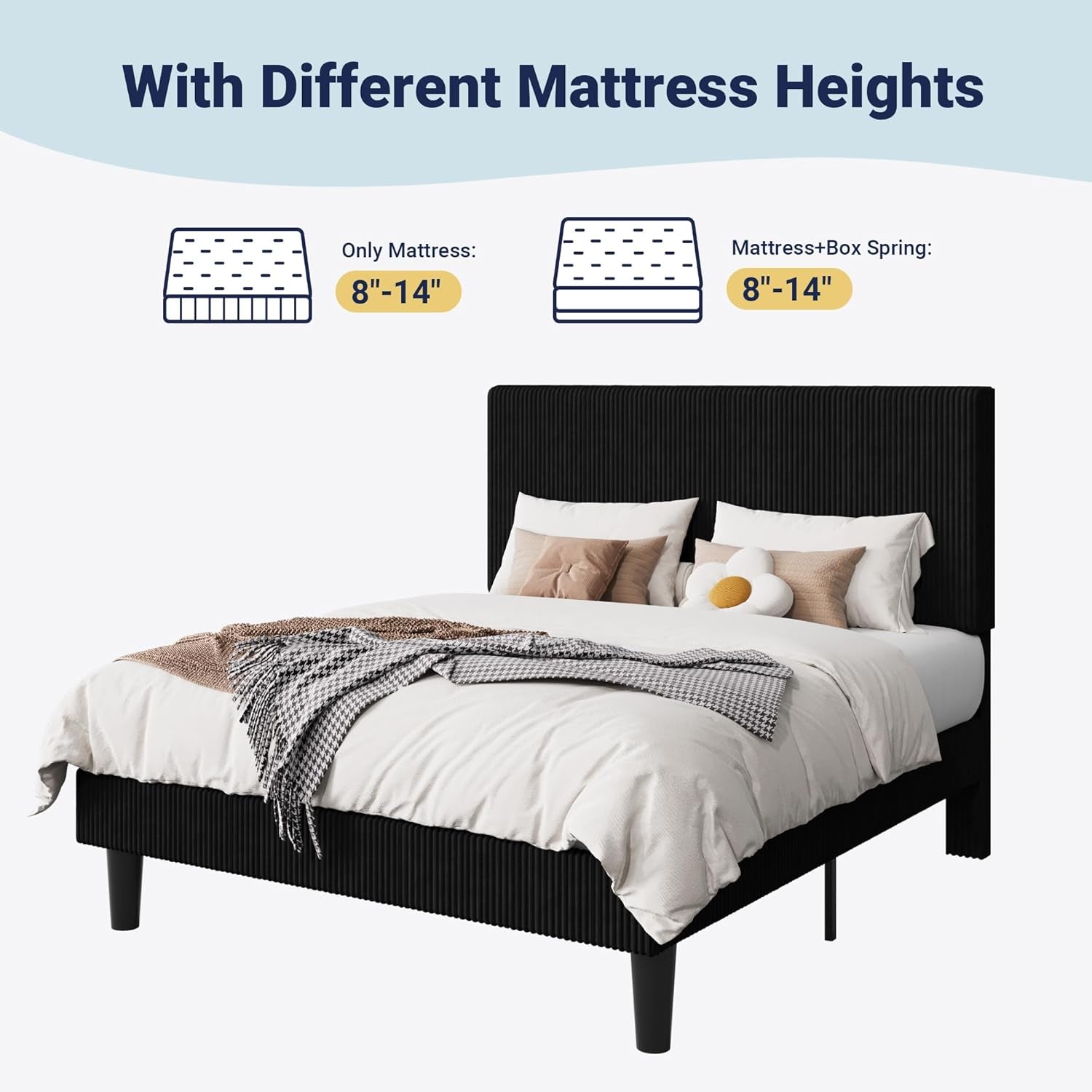 Queen Size Upholstered Bed Frame with Vertical Channel Tufted Headboard, Soft Corduroy Fabric Platform Bed, Strong Wooden Slats Support, Easy Assembly, No Box Spring Needed, Light Grey